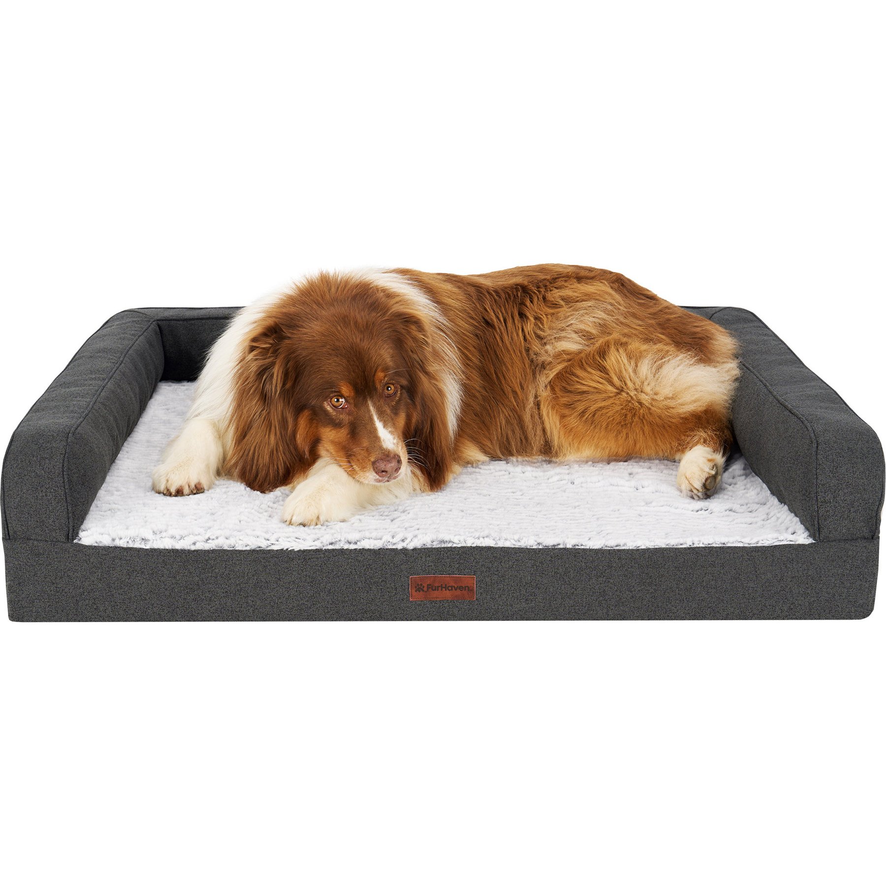 FurHaven Faux Fur & Faux Linen Cooling Gel Top Modern Sofa Bolster Dog Bed, Charcoal, Jumbo: 40-in