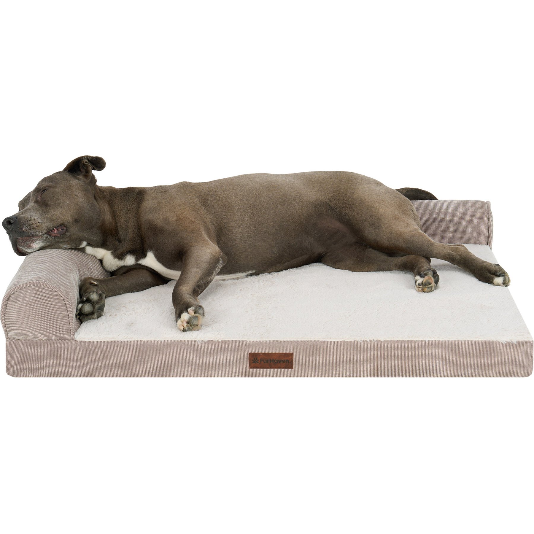 FurHaven Plush & Corded Grid Orthopedic Deluxe L-Chaise Bolster Dog Bed, Mink, Large: 36-in