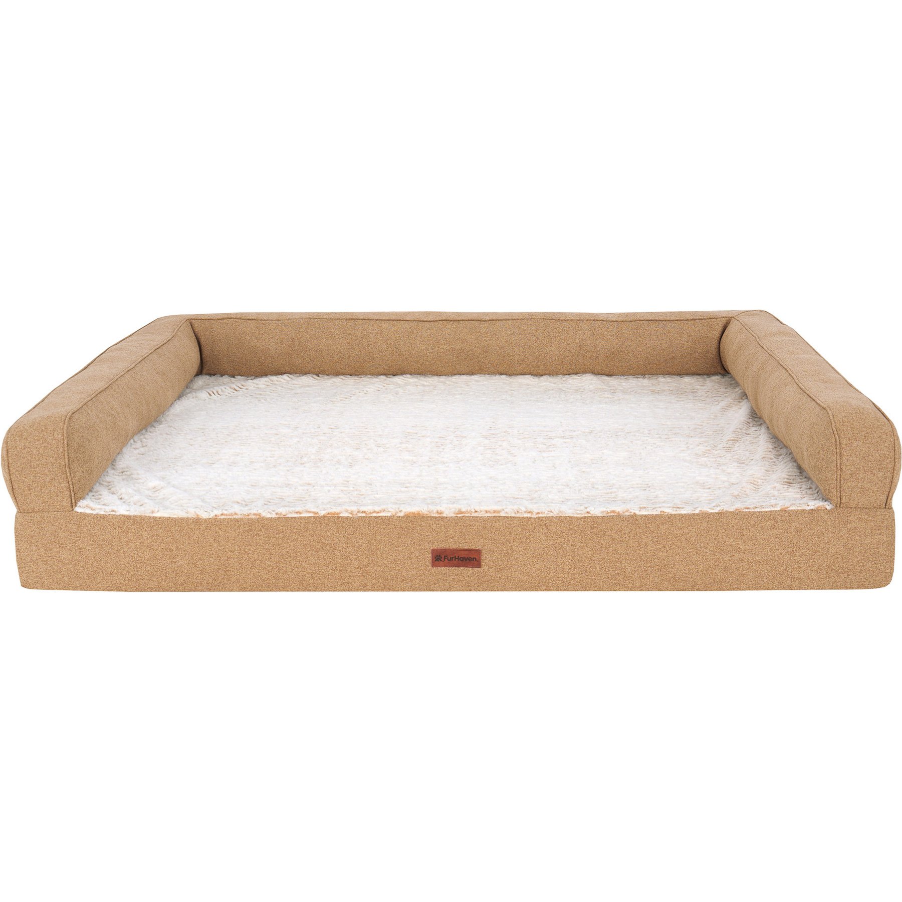 FurHaven Pet Products Faux Fur & Faux Linen Cooling Gel Top Modern Sofa Bolster Dog Bed, Nutmeg, Jumbo Plus: 53-in