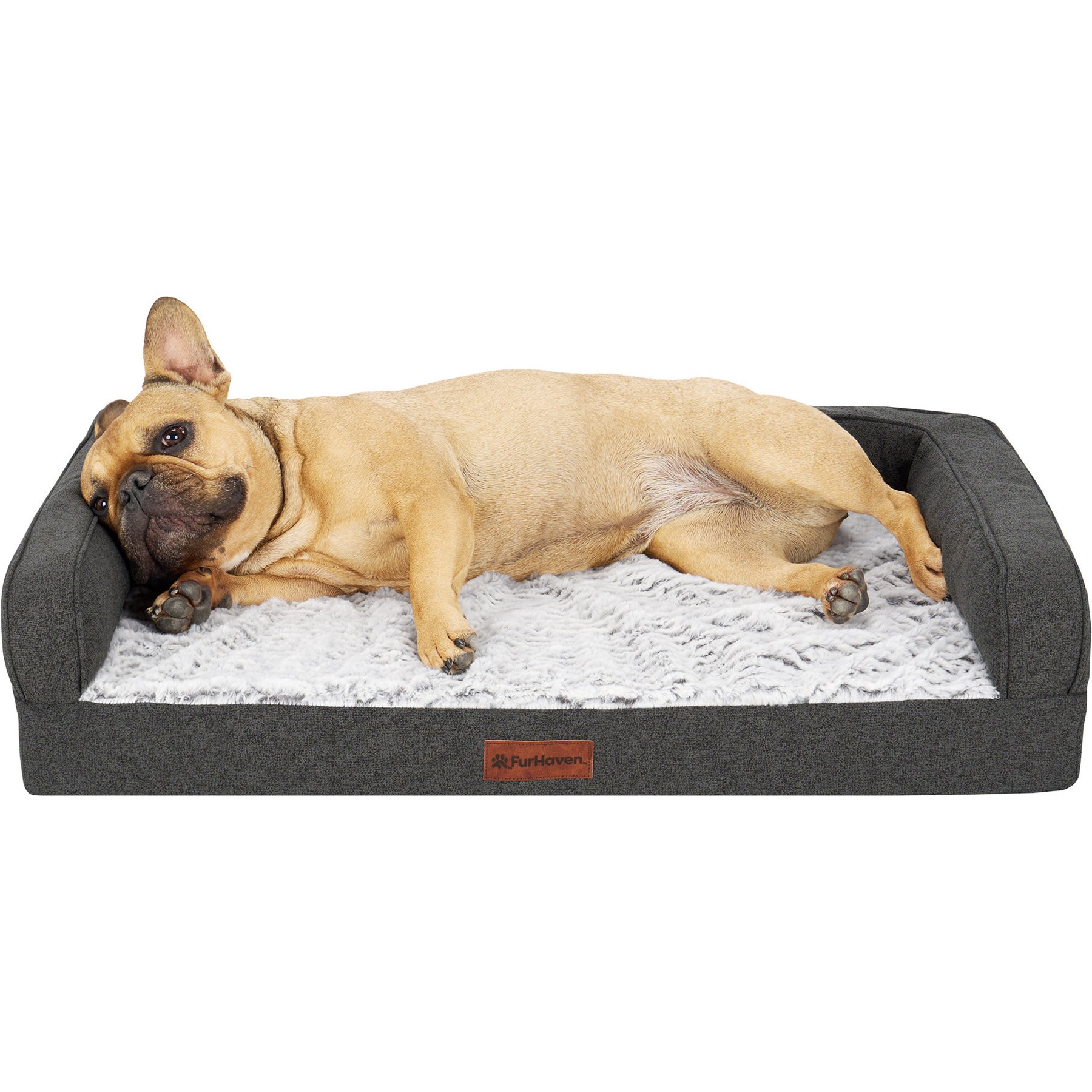 FurHaven Faux Fur & Faux Linen Orthopedic Modern Sofa Bolster Dog Bed, Charcoal, Medium: 30-in