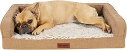 FurHaven Faux Fur & Faux Linen Cooling Gel Top Modern Sofa Bolster Dog Bed, Nutmeg, Medium: 30-in