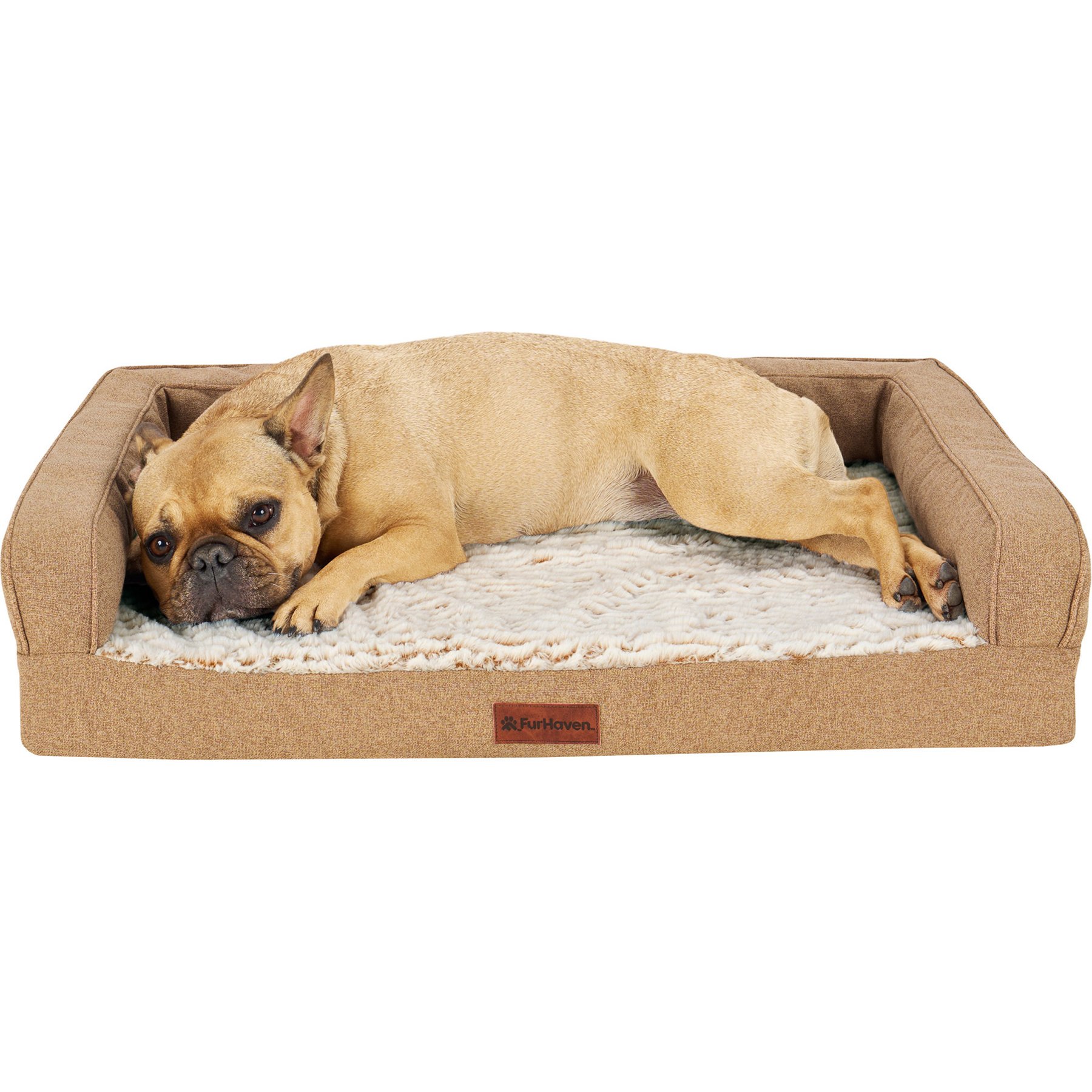 FurHaven Faux Fur & Faux Linen Cooling Gel Top Modern Sofa Bolster Dog Bed, Nutmeg, Medium: 30-in