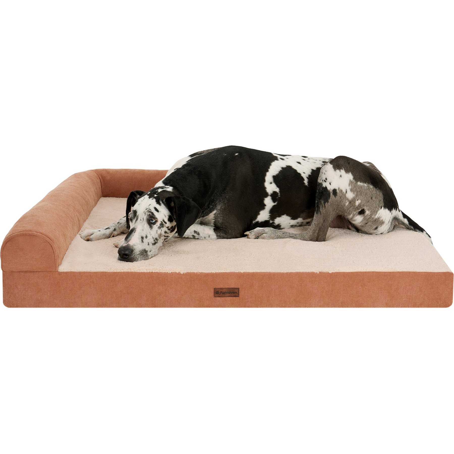 FurHaven Plush & Corded Grid Cooling Gel Top Deluxe L-Chaise Bolster Dog Bed, Copper, Jumbo Plus: 53-in