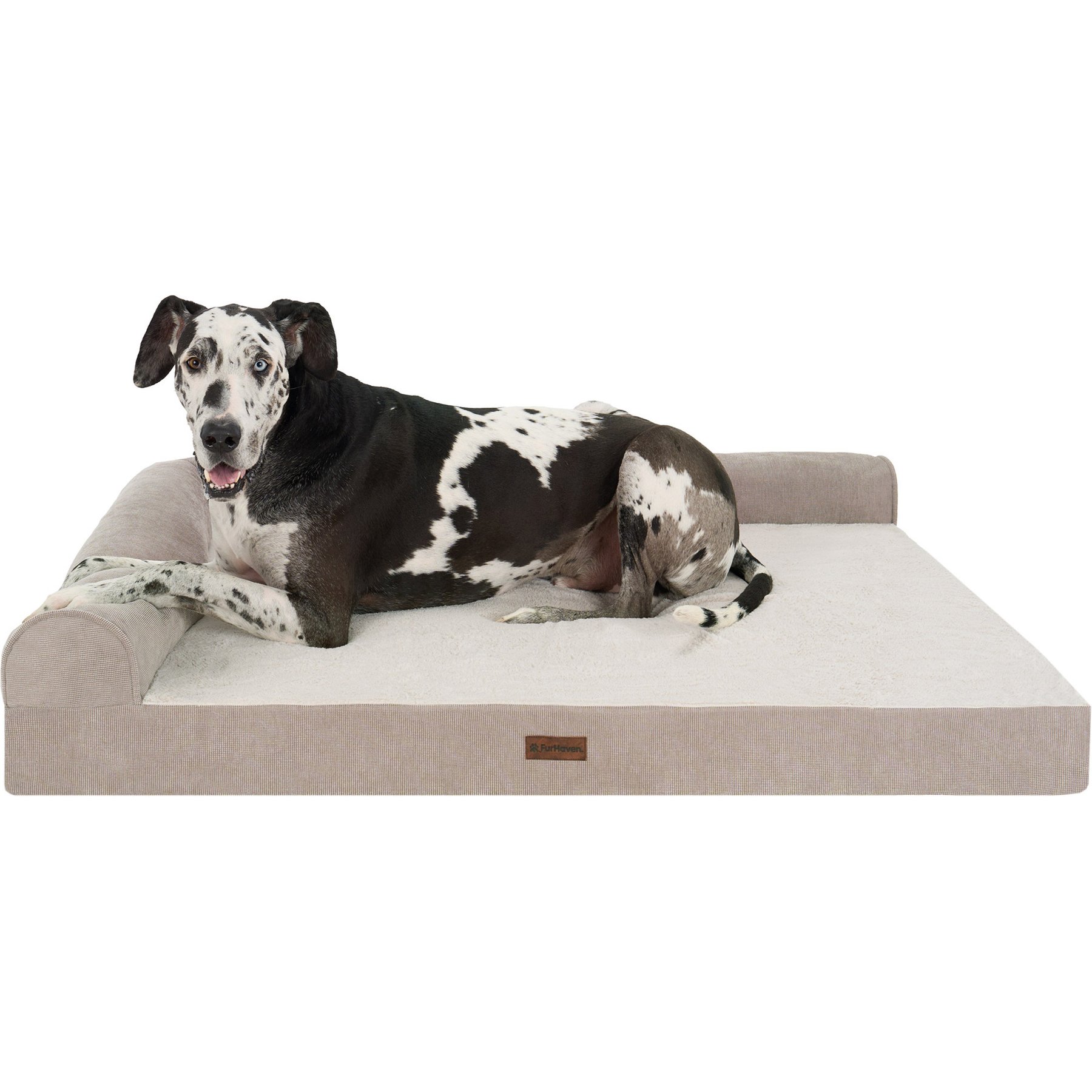 FurHaven Plush & Corded Grid Cooling Gel Top Deluxe L-Chaise Bolster Dog Bed, Mink, Jumbo Plus: 53-in