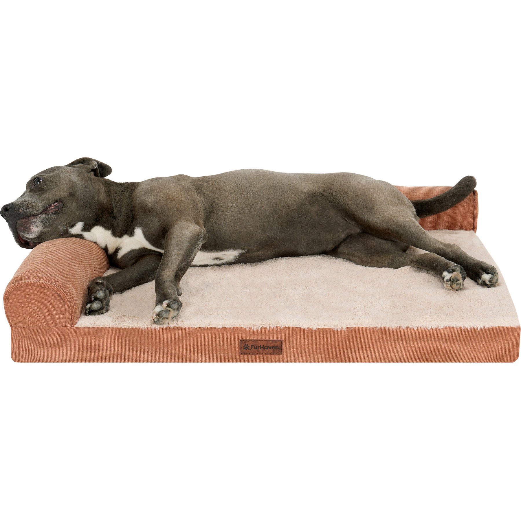 FurHaven Plush & Corded Grid Orthopedic Deluxe L-Chaise Bolster Dog Bed, Copper, Large: 36-in