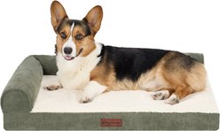 FurHaven Plush & Corded Grid Cooling Gel Top Deluxe L-Chaise Bolster Dog Bed, Olive, Medium: 30-in