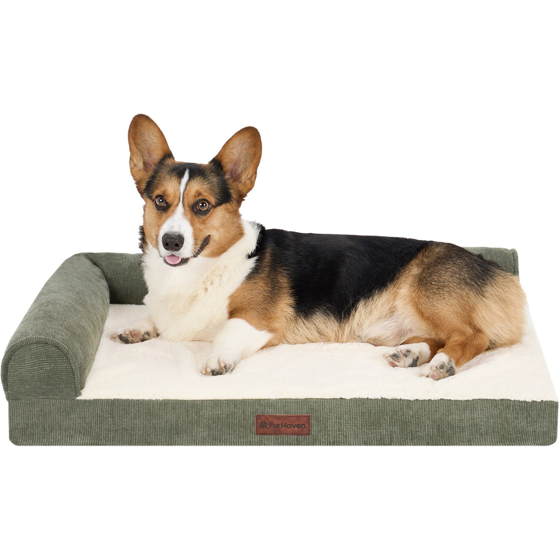 FurHaven Pet Products Plush & Corded Grid Cooling Gel Top Deluxe L-Chaise Bolster Dog Bed, Olive, Medium: 30-in