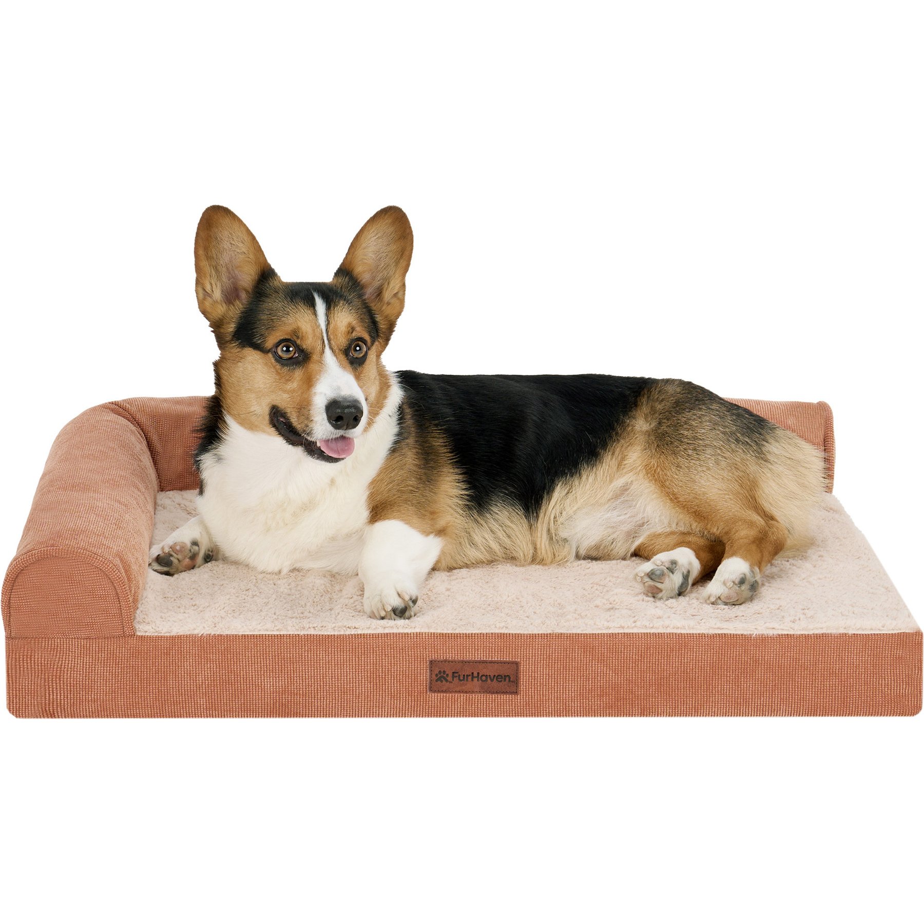 FurHaven Pet Products Plush & Corded Grid Cooling Gel Top Deluxe L-Chaise Bolster Dog Bed, Copper, Medium: 30-in