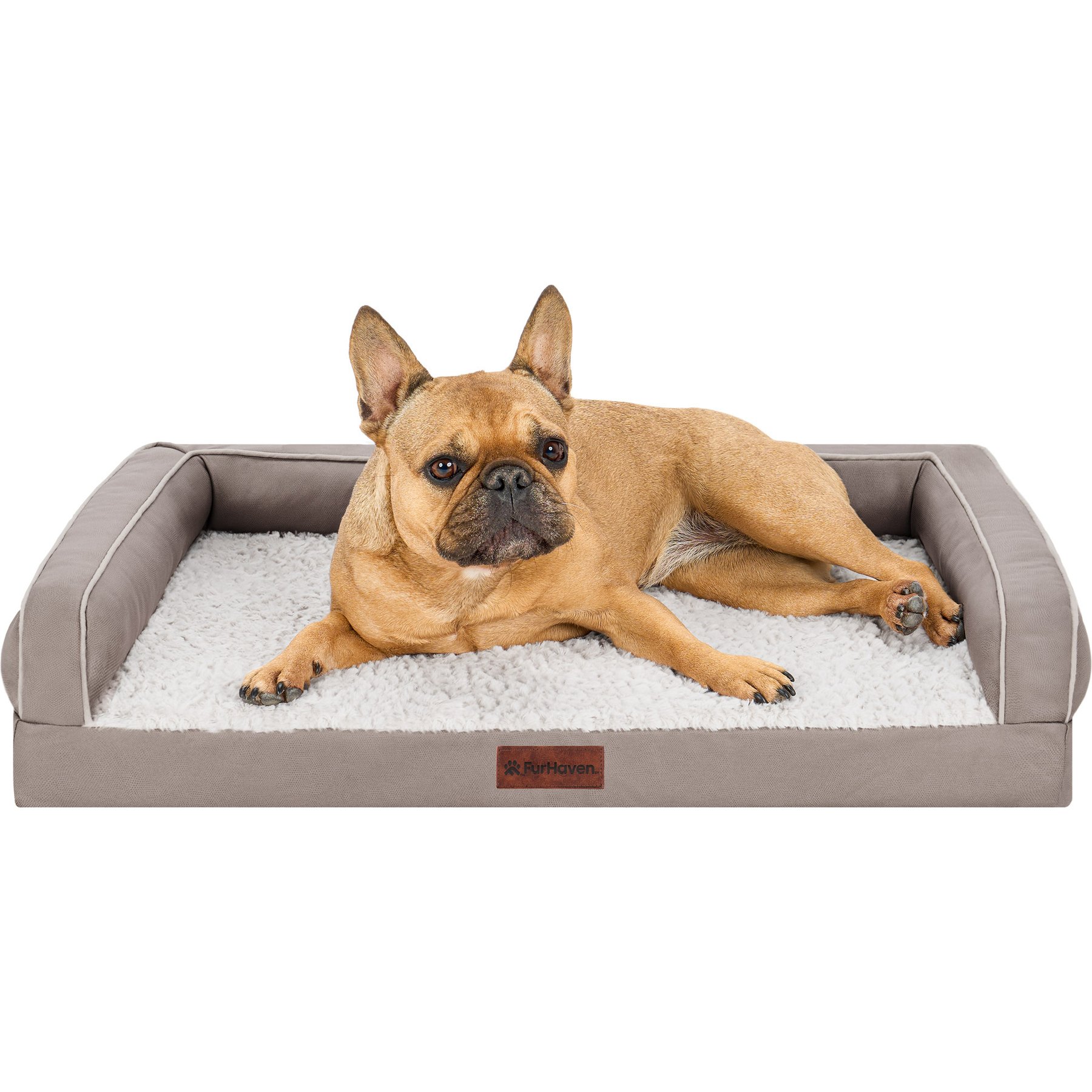 FurHaven Pet Products Textured Plush & Coated Poly Solid Core Modern Sofa Machine-Washable Bolster Dog Bed, Greige, Medium: 30-in