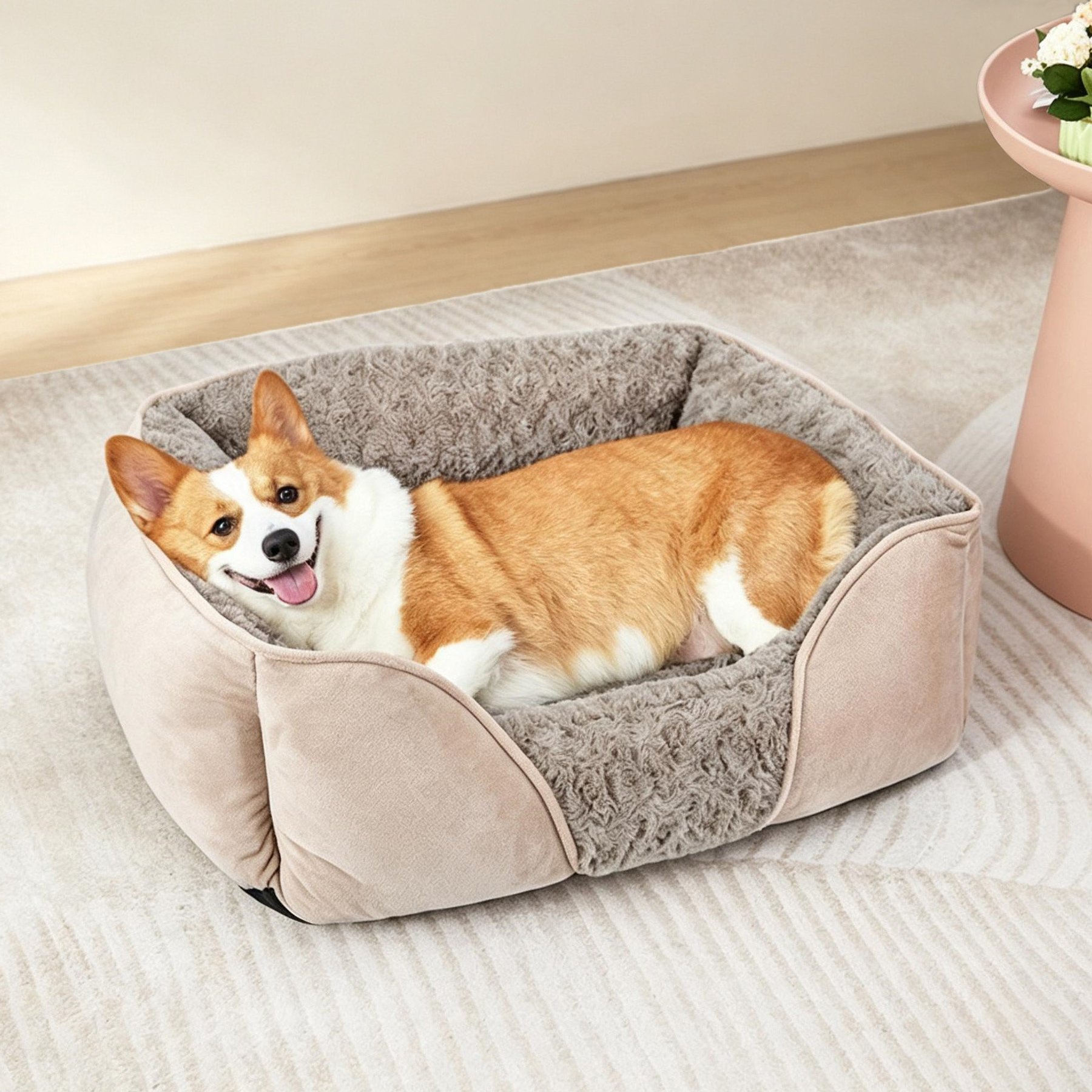 Invenho Washable Dog Bed with Anti-Slip Bottom, Beige, Medium