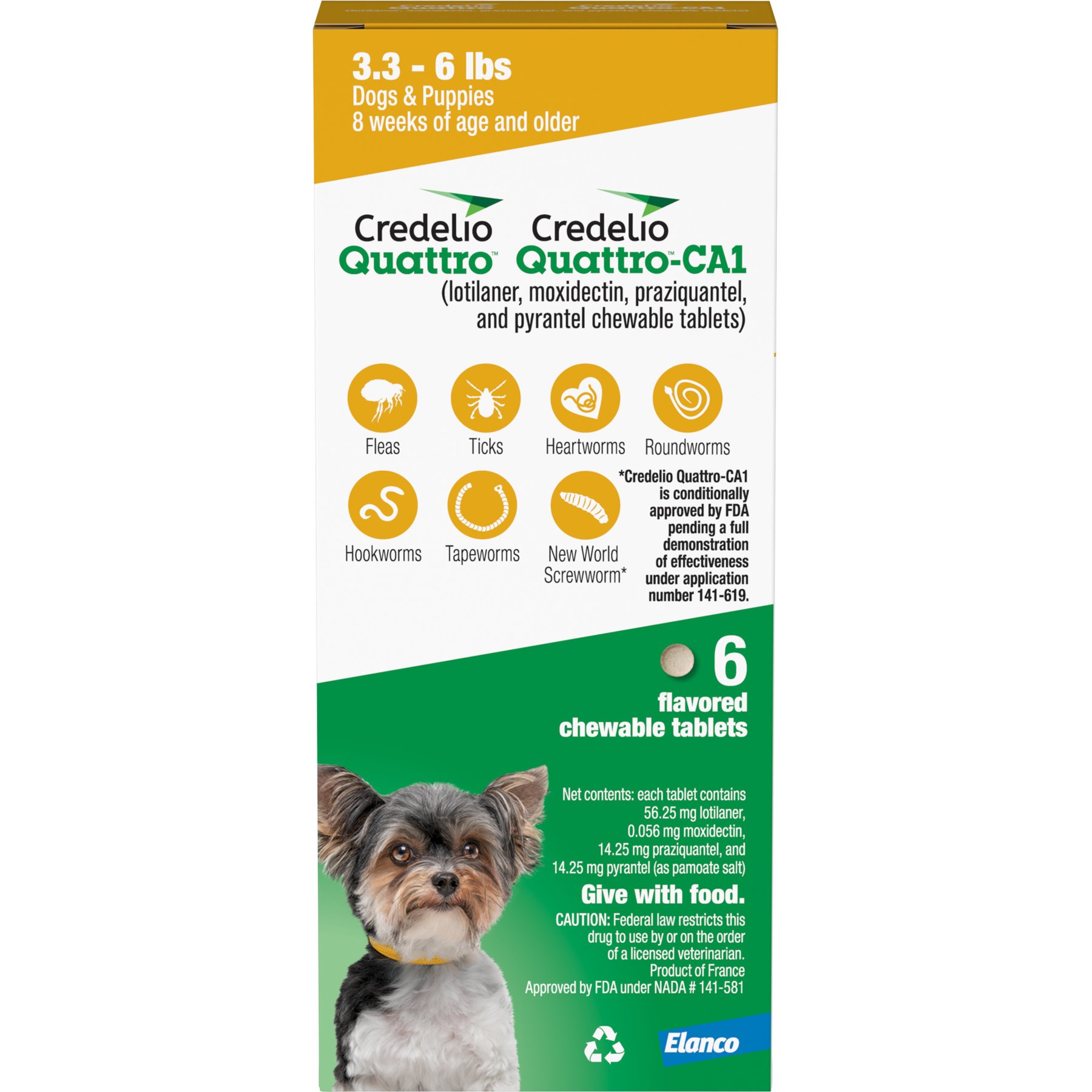 Credelio Quattro/Credelio Quattro-CA1 Chewable Tablets for Dogs, 3.3-6 lbs, 6 Chewables (6-mos. supply)