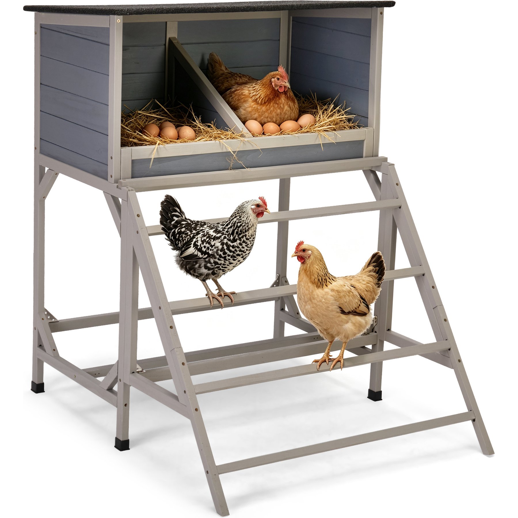 Coziwow 2 Compartments Elevated Asphalt Roof Roosting Bars & Stable Stand Nesting Box Wooden Poultry Small Animal Cage, Dark Gray, 38.6 x 31.4 x 41.7-in