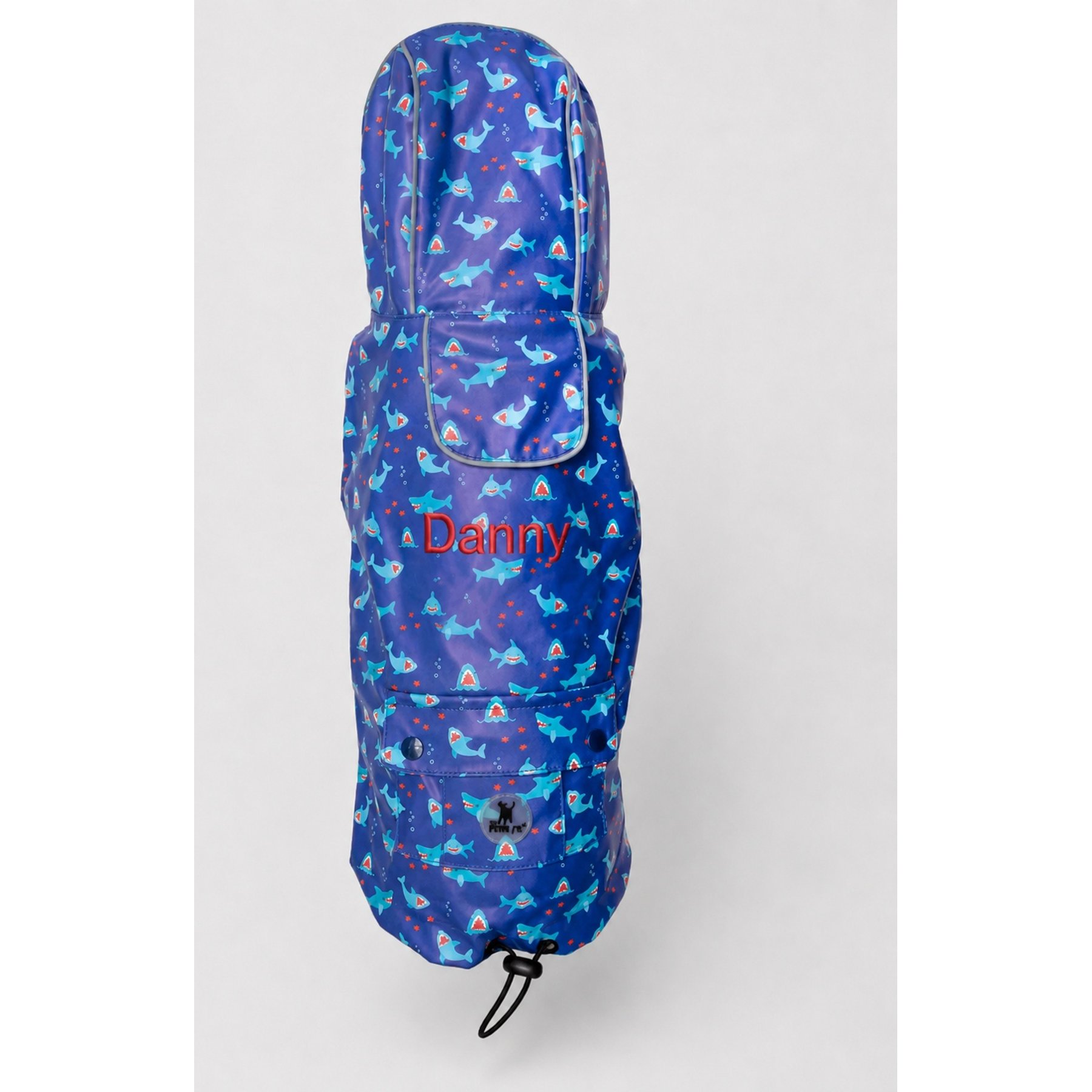 The Worthy Dog Personalized Chomp London Graphic Water Resistant Dog Raincoat, Blue, Medium