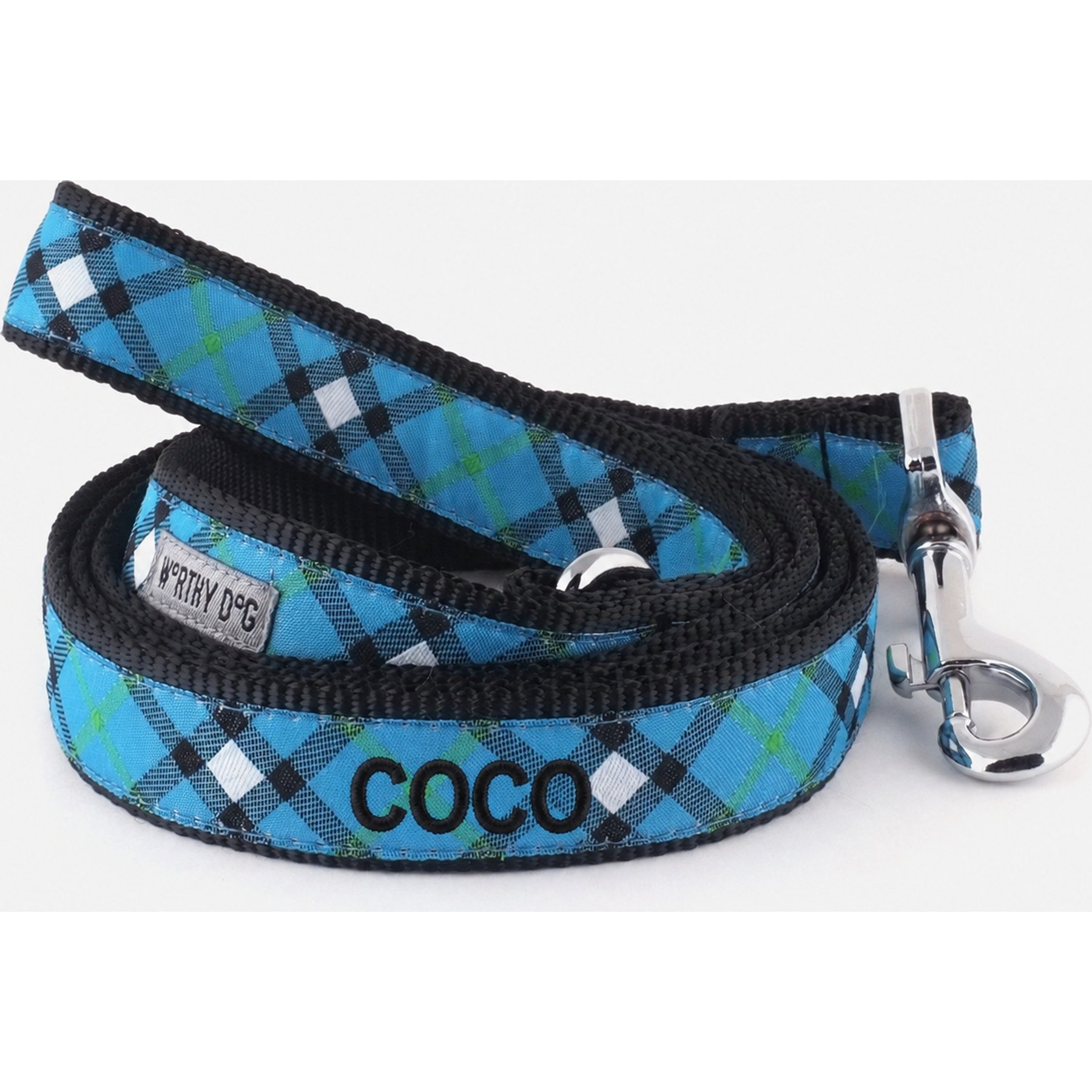 The Worthy Dog Personalized Bias Plaid Lead Handle Dog Leash, Blue, Small: 5-ft long, 5/8-in wide