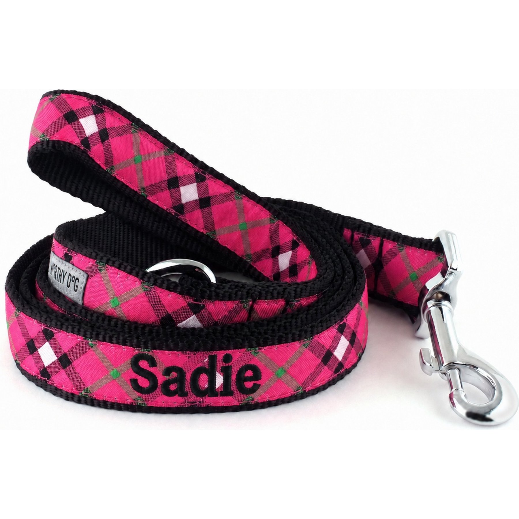The Worthy Dog Personalized Bias Plaid Lead Handle Dog Leash, Pink, Large: 5-ft long, 1-in wide