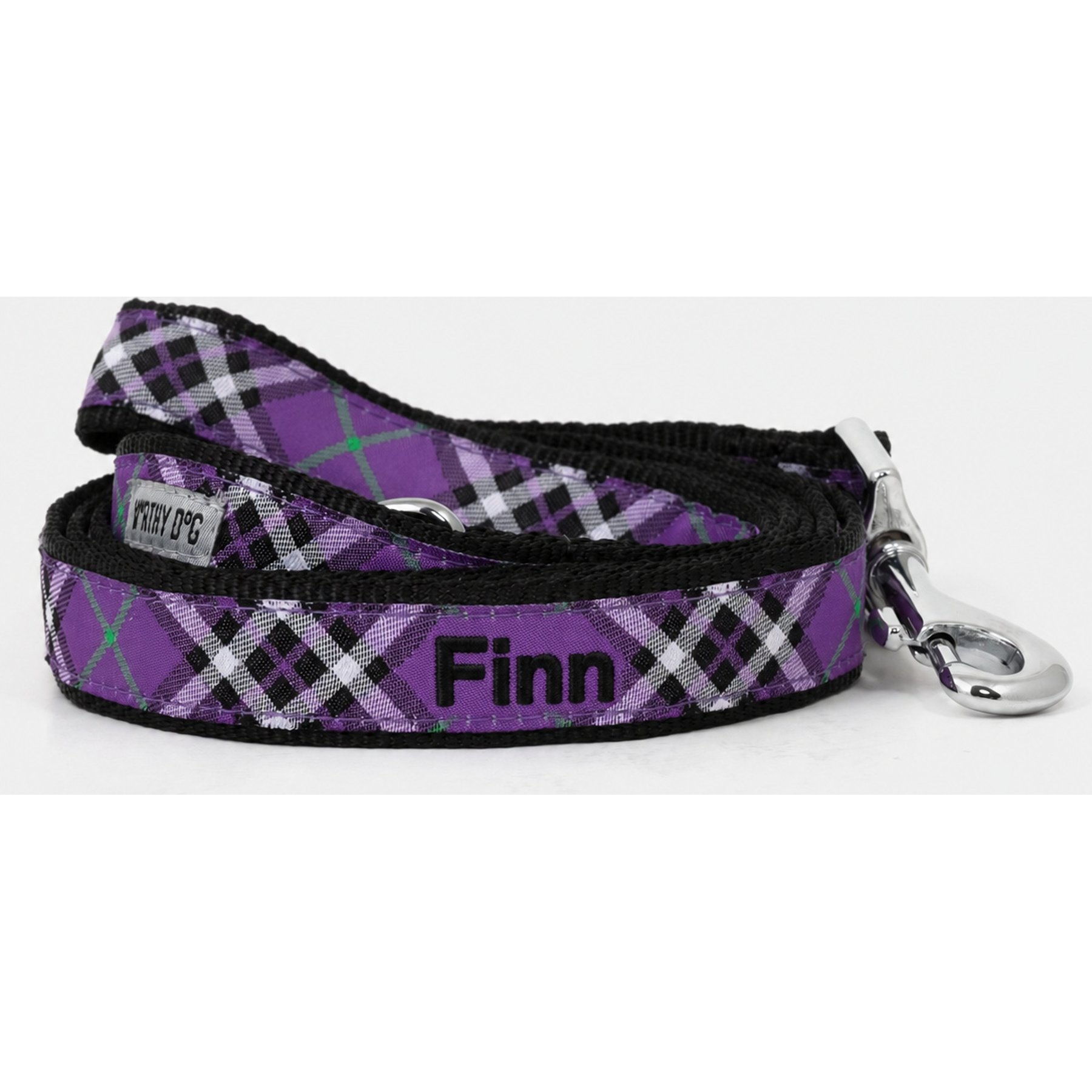 The Worthy Dog Personalized Bias Plaid Lead Handle Dog Leash, Purple, Small: 5-ft long, 5/8-in wide