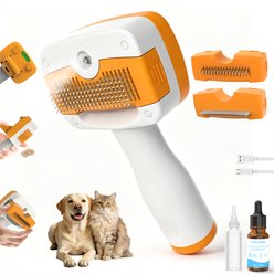 Pawimood 5-in-1 Self-Cleaning 3 Swap-in Heads Spray Hair Removal Comb, Includes Waterless Shampoo Dog & Cat Steam Brush, Orange, 8.07 x 4.13 x 2.87-in