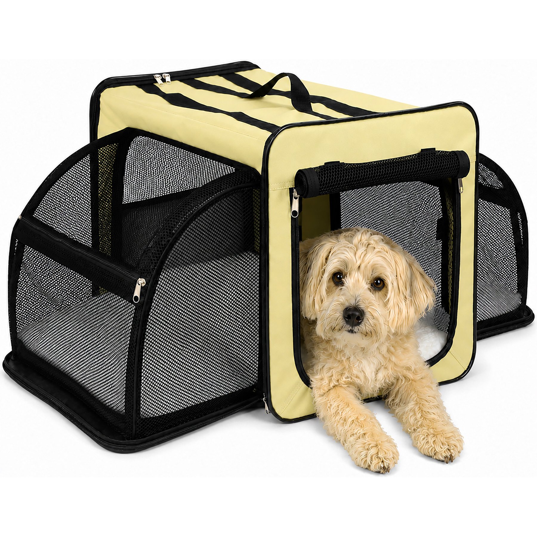 Pet Life Capacious Dual-Expandable Soft-Sided Collapsible Travel Dog Crate, Khaki, 35.8-inch