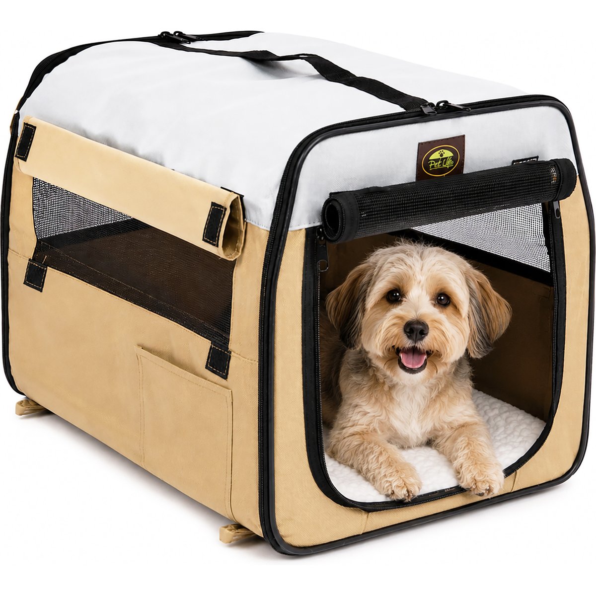 Pet Life Folding Zippered Wire-Framed Dog Crate, Khaki, 19.3 inch