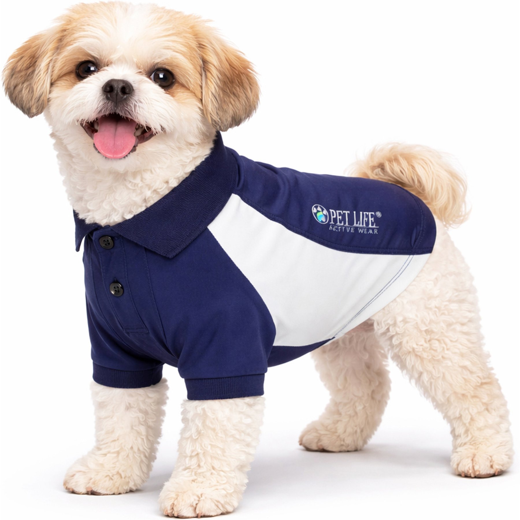 Pet Life Active Barko Pawlo Relax-Stretch Wick-Proof Performance Dog Polo T-Shirt, Navy/White, X-Small