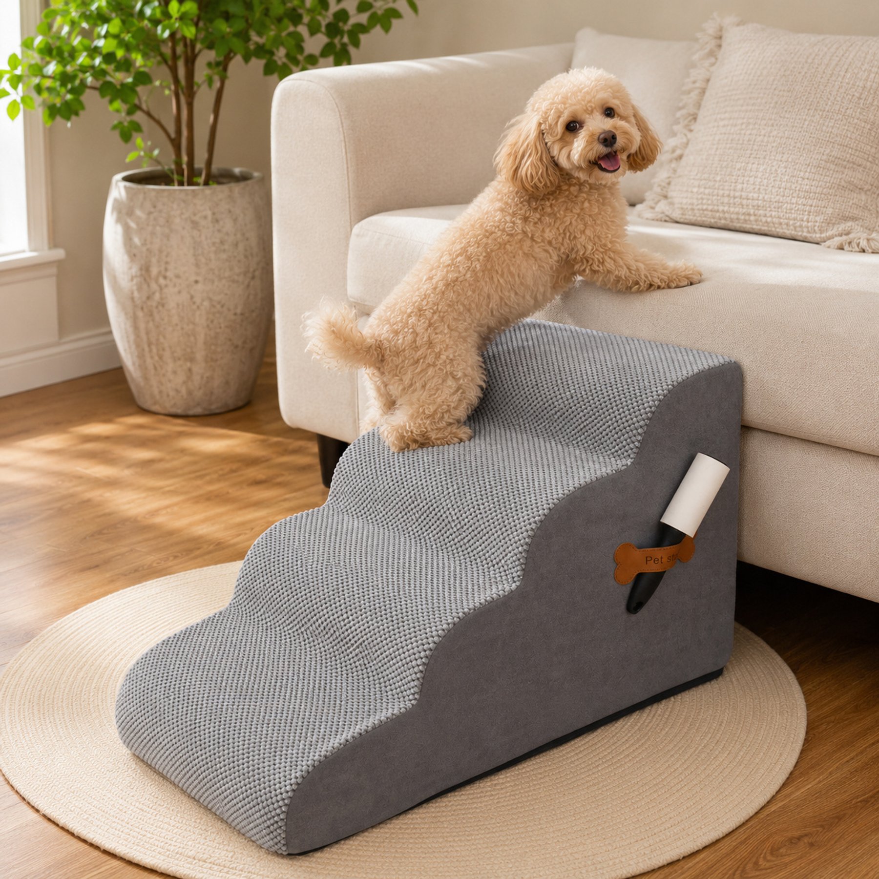 NonoPets 33D High Density Foam Dog Stairs Ramp with Durable Non-Slip Waterproof Fabric Cover, Grey, 4-Steps
