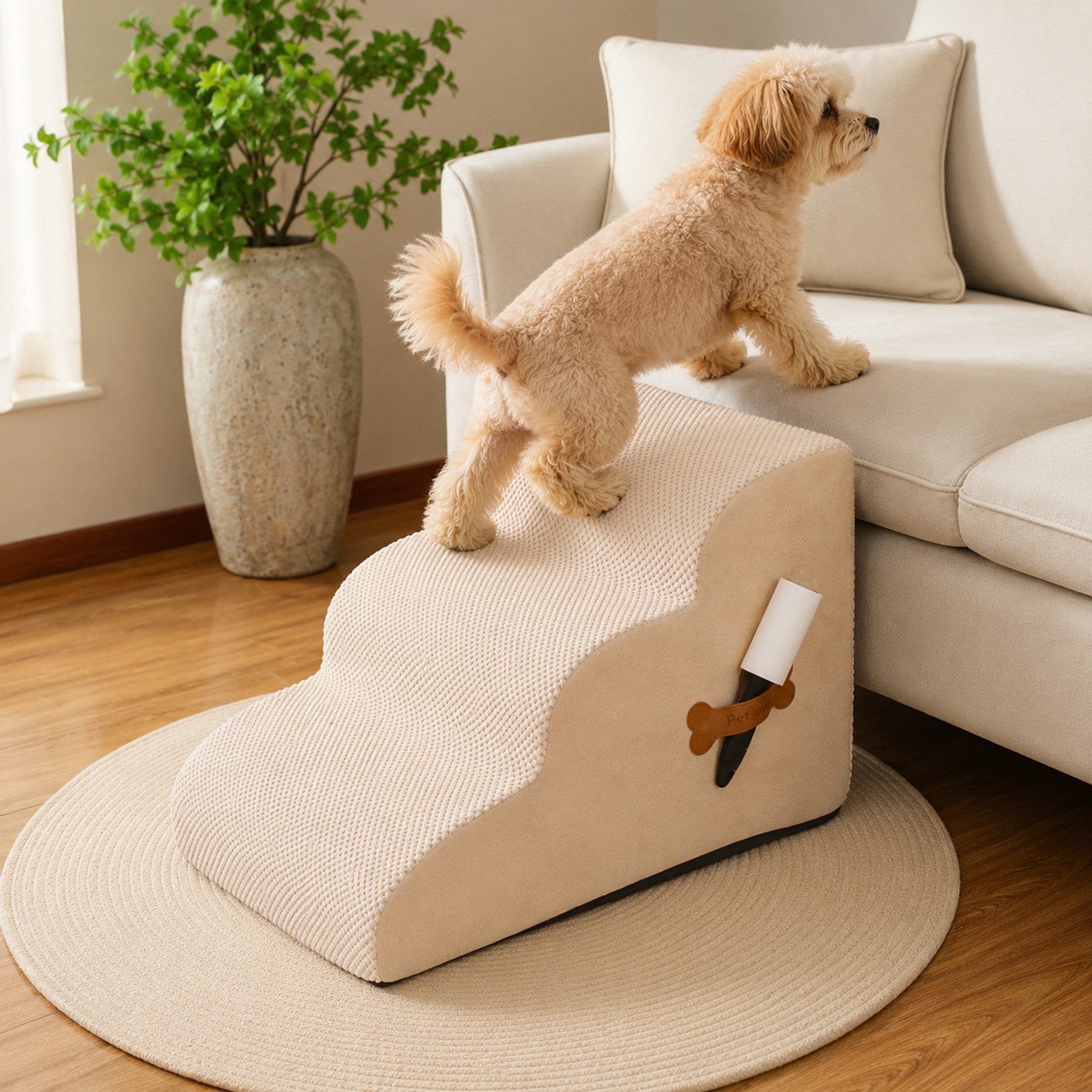 NonoPets 33D High Density Foam Dog Stairs Ramp with Durable Non-Slip Waterproof Fabric Cover, Beige, 3-Steps