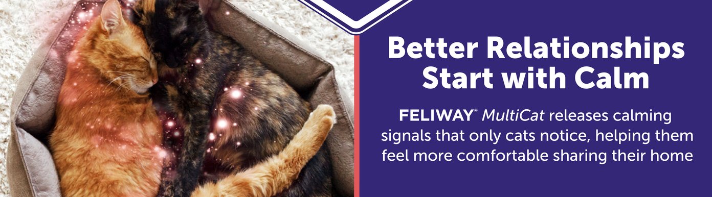 Feliway MultiCat helps reduce common signs of tension between cats, including blocking, chasing, fighting, and conflict. The calming formula supports more positive interactions by helping cats feel more comfortable around one another. Regular use promotes a more peaceful home for multi-cat families.