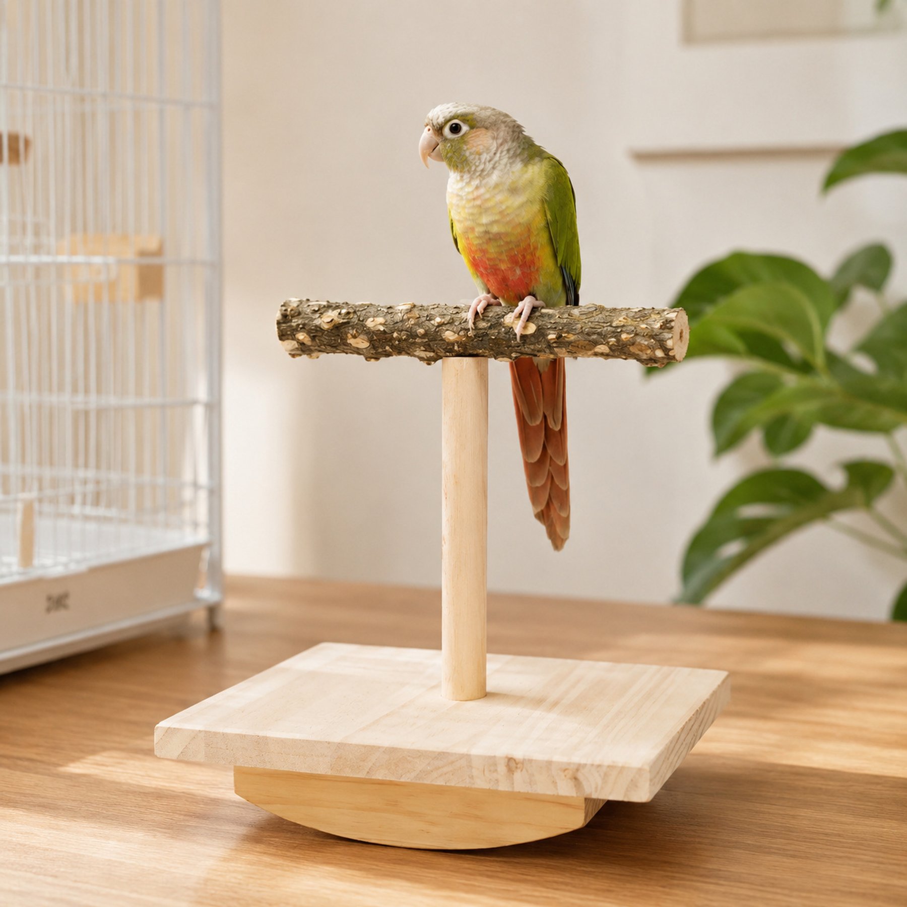 NonoPets Solid Wood Rocking Interactive Tabletop Balancing Stand with Natural Bark T-Bar, Portable Desktop Training Station & Exercise Toy Bird Perch