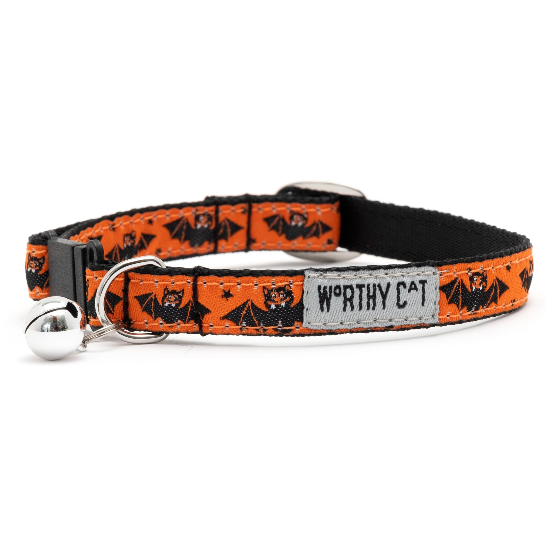 The Worthy Cat Batty Adjustable Cat Collar, Orange, 9 to 11-in neck, 1/2-in wide