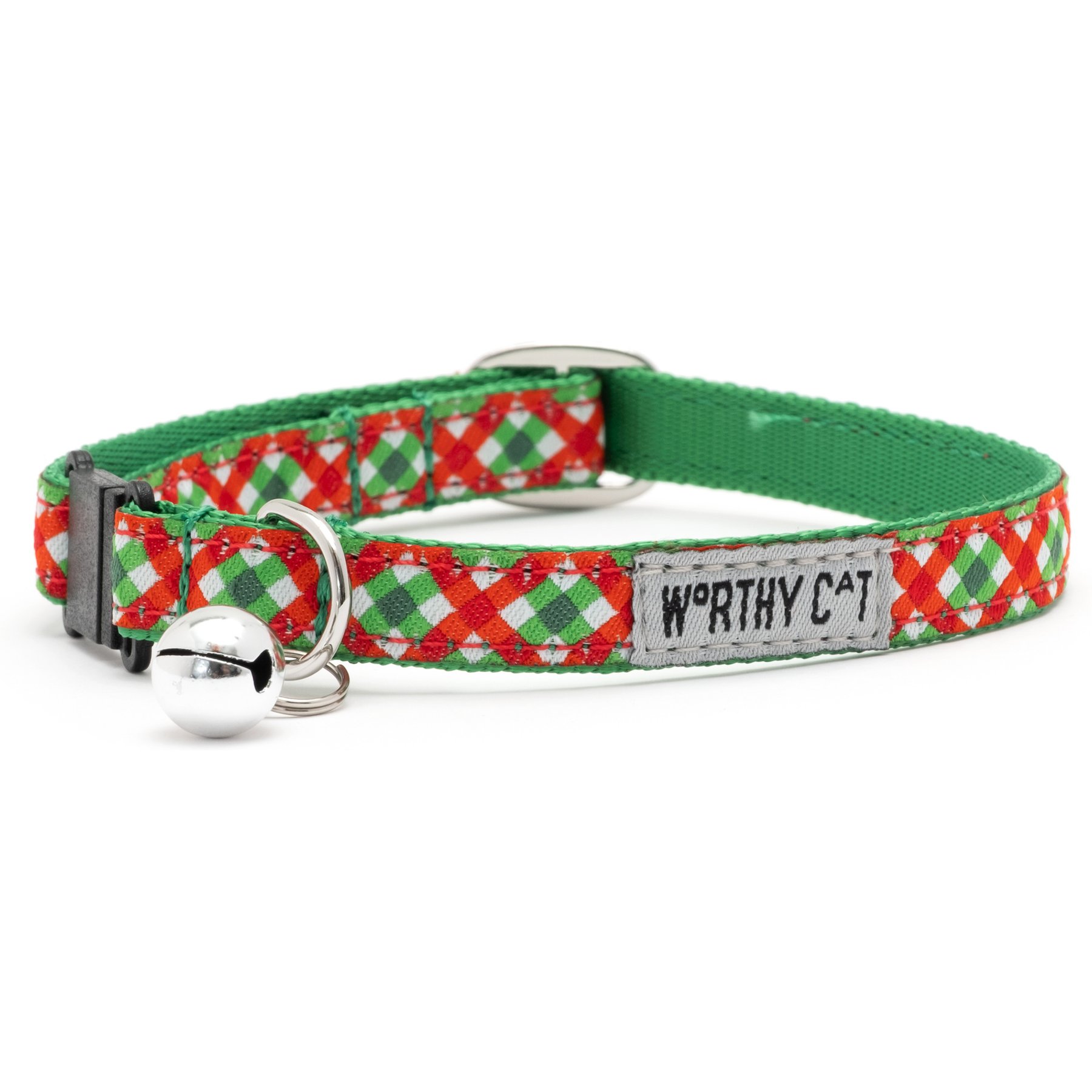 The Worthy Cat Yuletide Check Adjustable Cat Collar, Red/Green, 9 to 11-in neck, 1/2-in wide