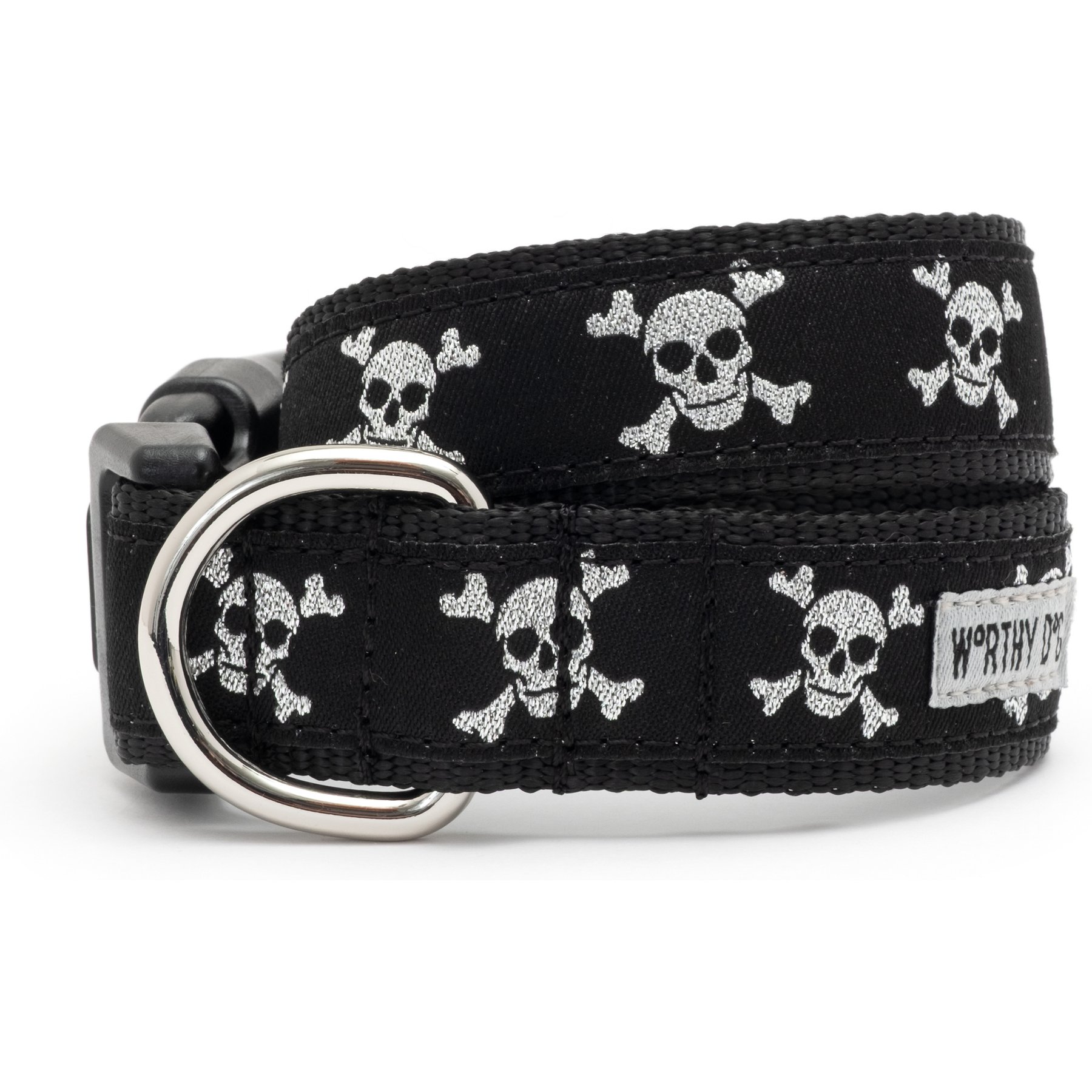 The Worthy Dog Skull & Crossbones Adjustable Dog Collar, Black, Large: 14 to 20-in neck, 1-in wide