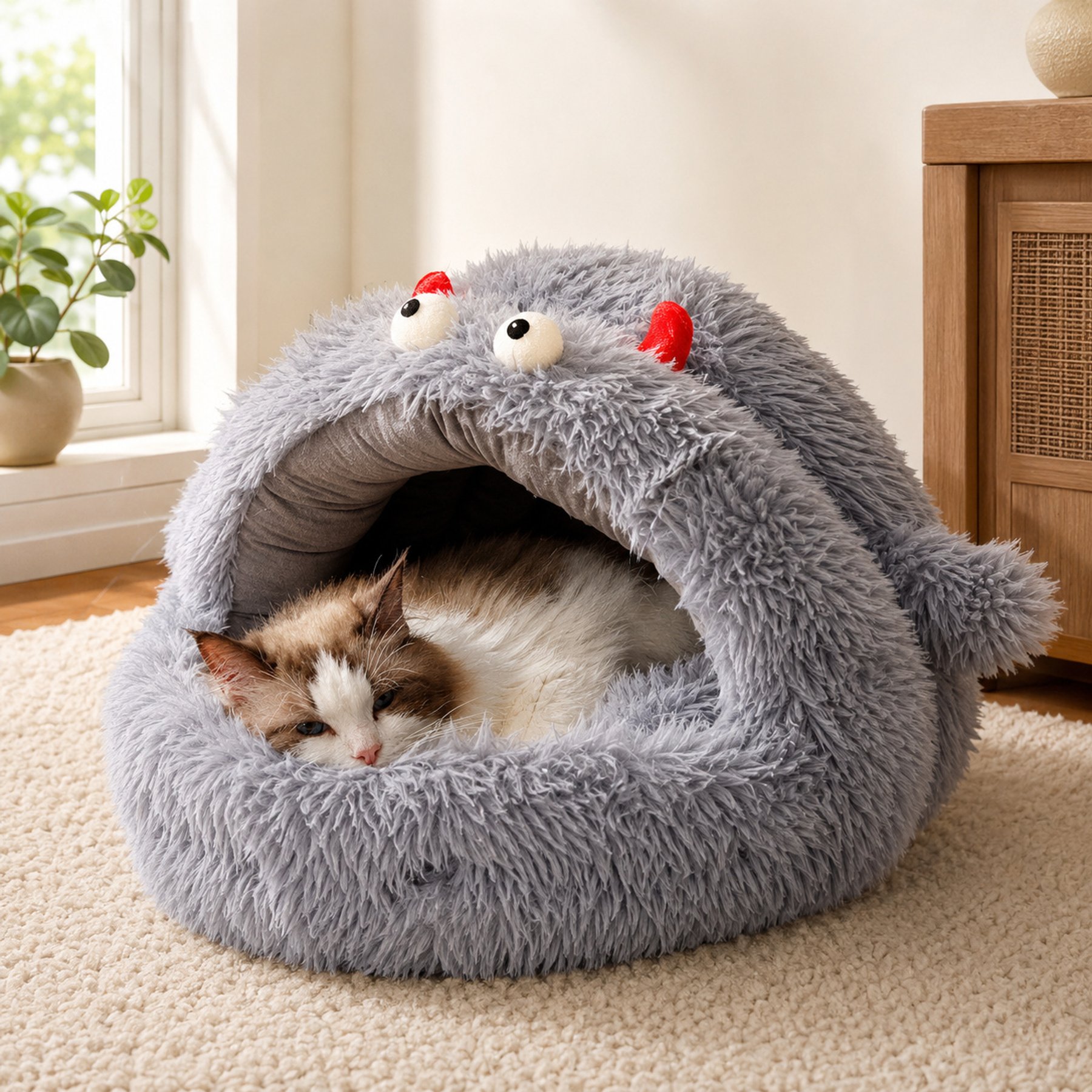 NonoPets Self-Warming Ultra-Plush High-Density PP Cotton Cat Cave Bed Enclosed Thermal Hideout, Grey, Medium