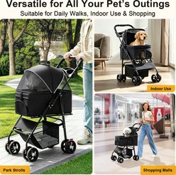 Twinsing 4-Wheel Dog & Cat Stroller with Foldable Travel Cart Breathable Mesh Storage Basket & Cup Holder, Black slide 2 of 7