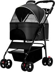 Twinsing 4-Wheel Dog & Cat Stroller with Foldable Travel Cart Breathable Mesh Storage Basket & Cup Holder, Black