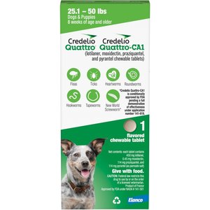 Credelio Quattro/Credelio Quattro-CA1 Chewable Tablets for Dogs, 25.1-50 lbs, 1 Chewable (1-mo. supply)