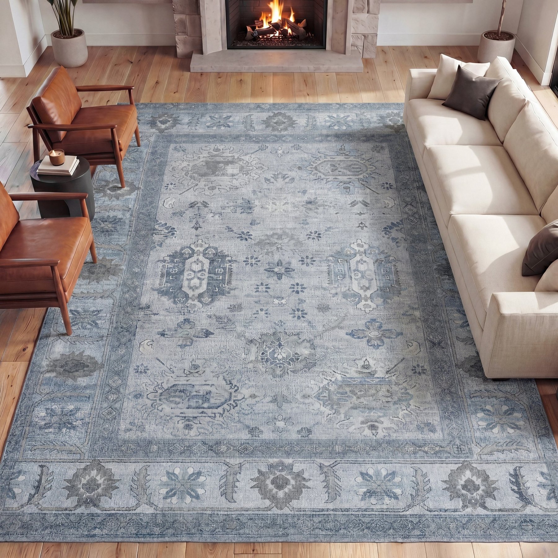 JONATHAN Y Kisara Oushak Style Distressed Border Non-Slip Machine-Washable Area Rug, Blue/Light Gray, 9 x 12-ft