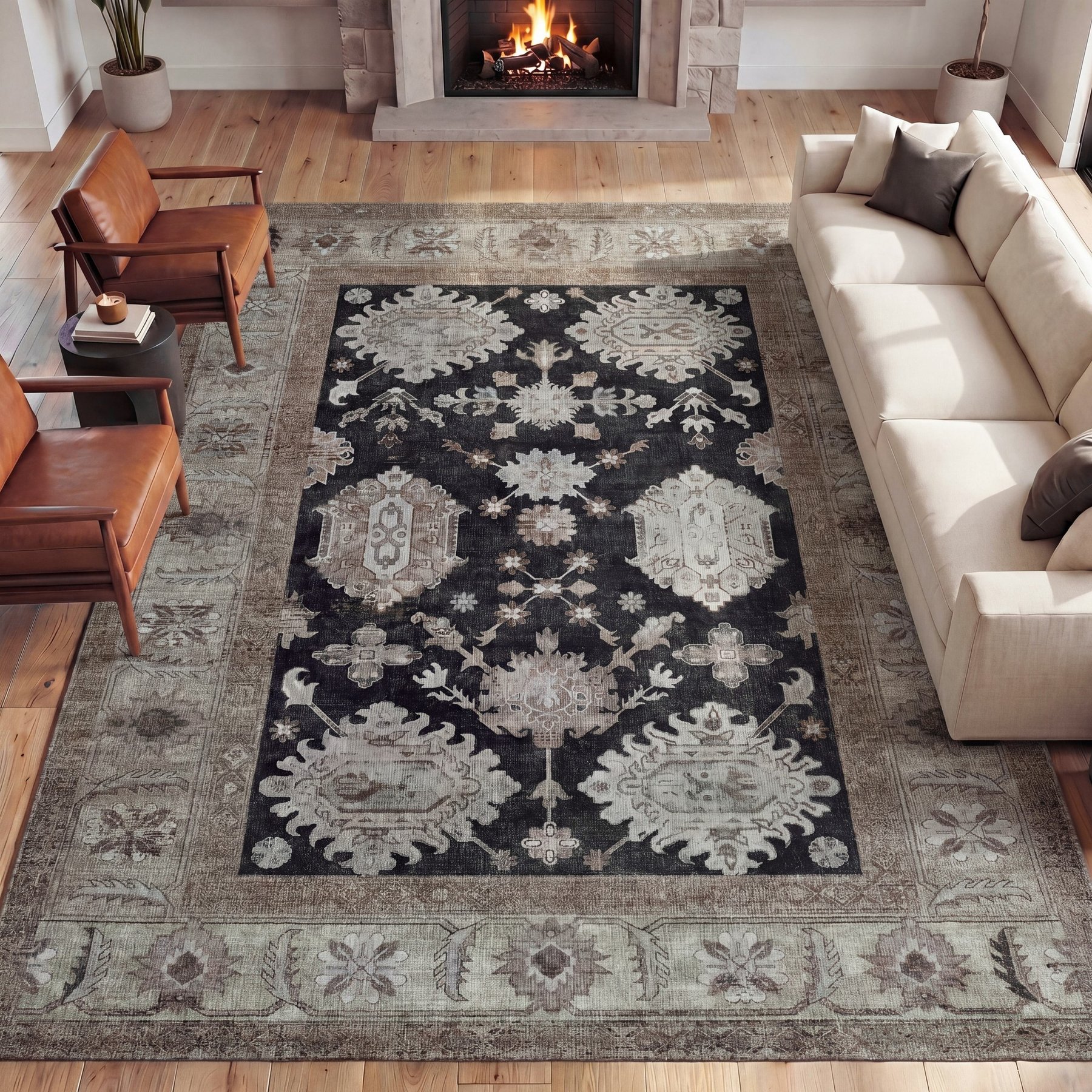 JONATHAN Y Kisara Oushak Style Distressed Border Non-Slip Machine-Washable Area Rug, Charcoal/Beige, 8 x 10-ft