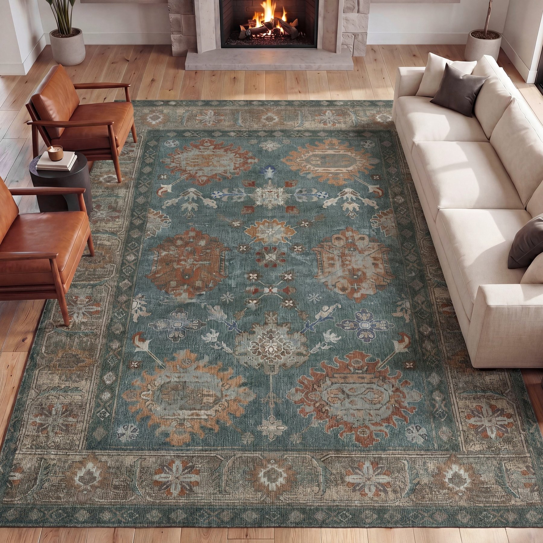 JONATHAN Y Kisara Oushak Style Distressed Border Non-Slip Machine-Washable Area Rug, Green/Brown, 8 x 10-ft