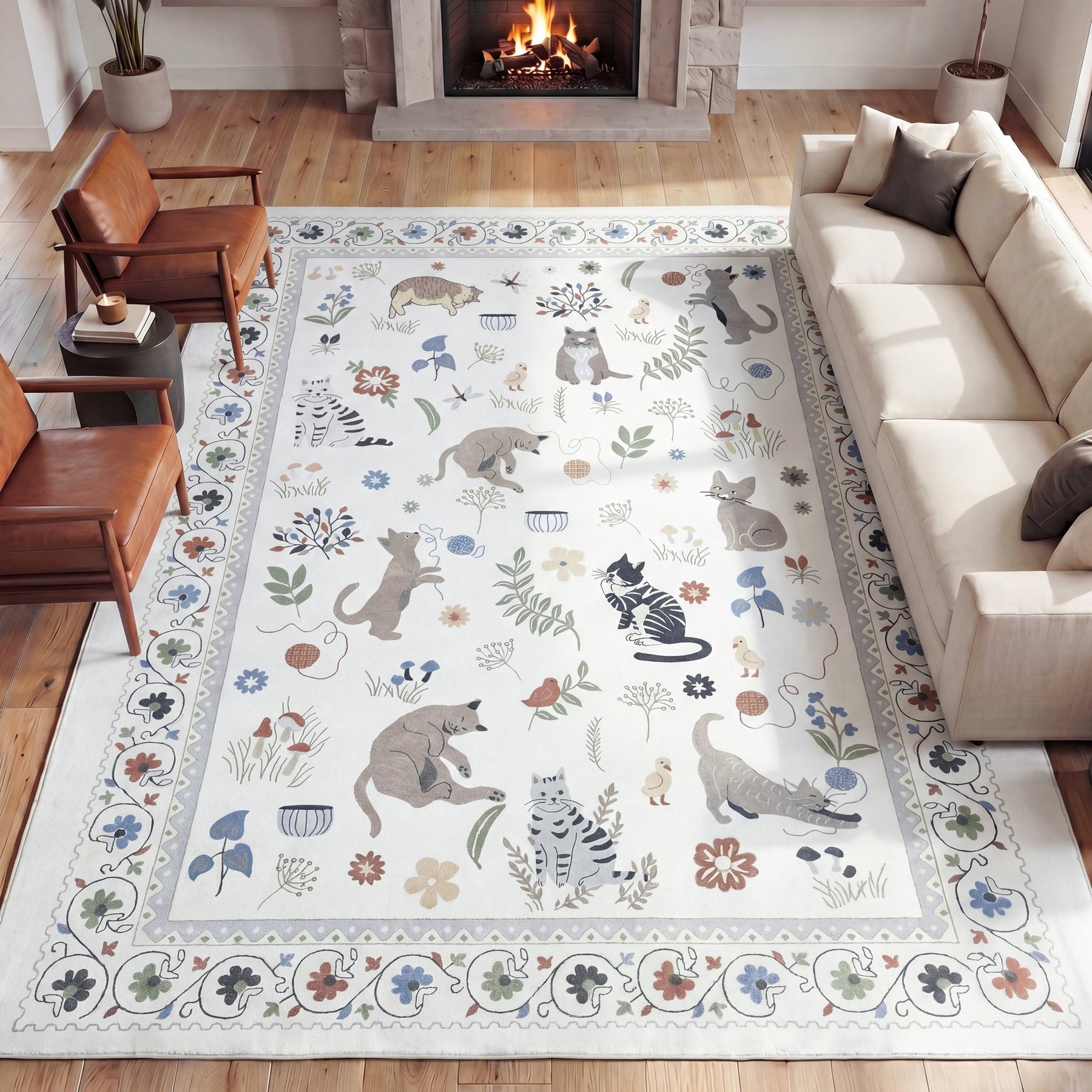 JONATHAN Y Catmosphere Festive Feline Floral Border Non-Slip Machine-Washable Area Rug, Ivory, 8 x 10-ft