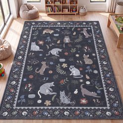JONATHAN Y Catmosphere Festive Feline Floral Border Non-Slip Machine-Washable Area Rug, Charcoal, 5 x 8-ft