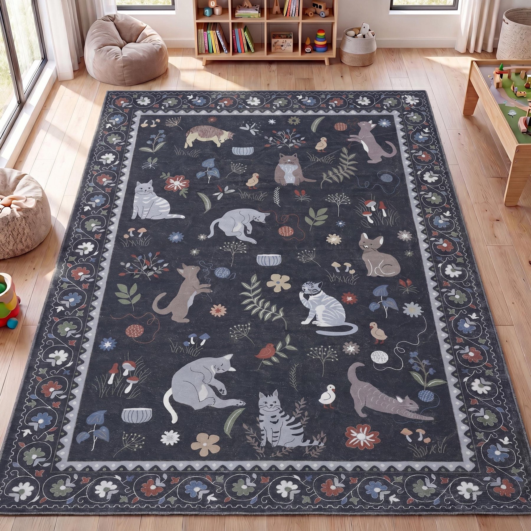 JONATHAN Y Catmosphere Festive Feline Floral Border Non-Slip Machine-Washable Area Rug, Charcoal, 5 x 8-ft