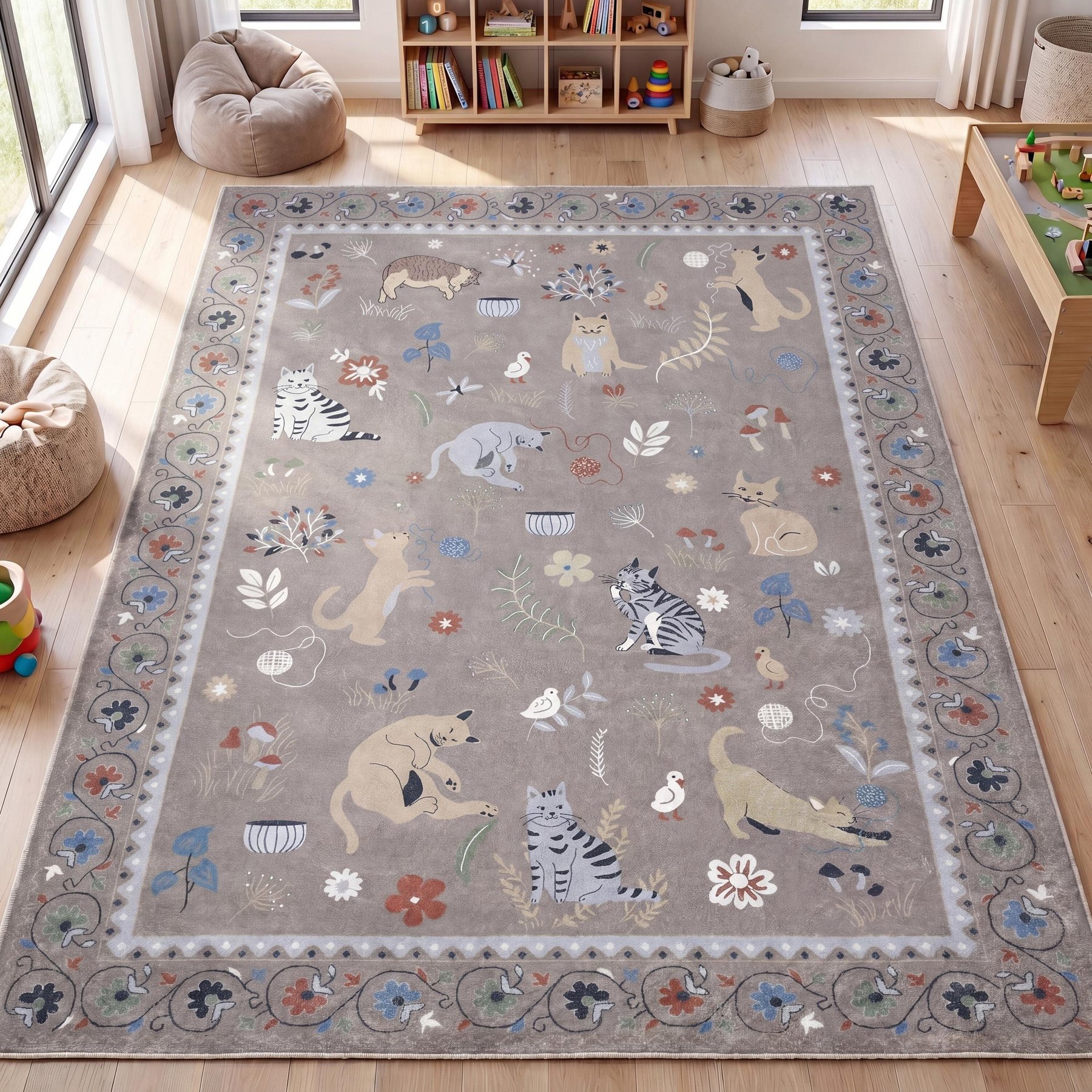 JONATHAN Y Catmosphere Festive Feline Floral Border Non-Slip Machine-Washable Area Rug, Taupe, 5 x 8-ft