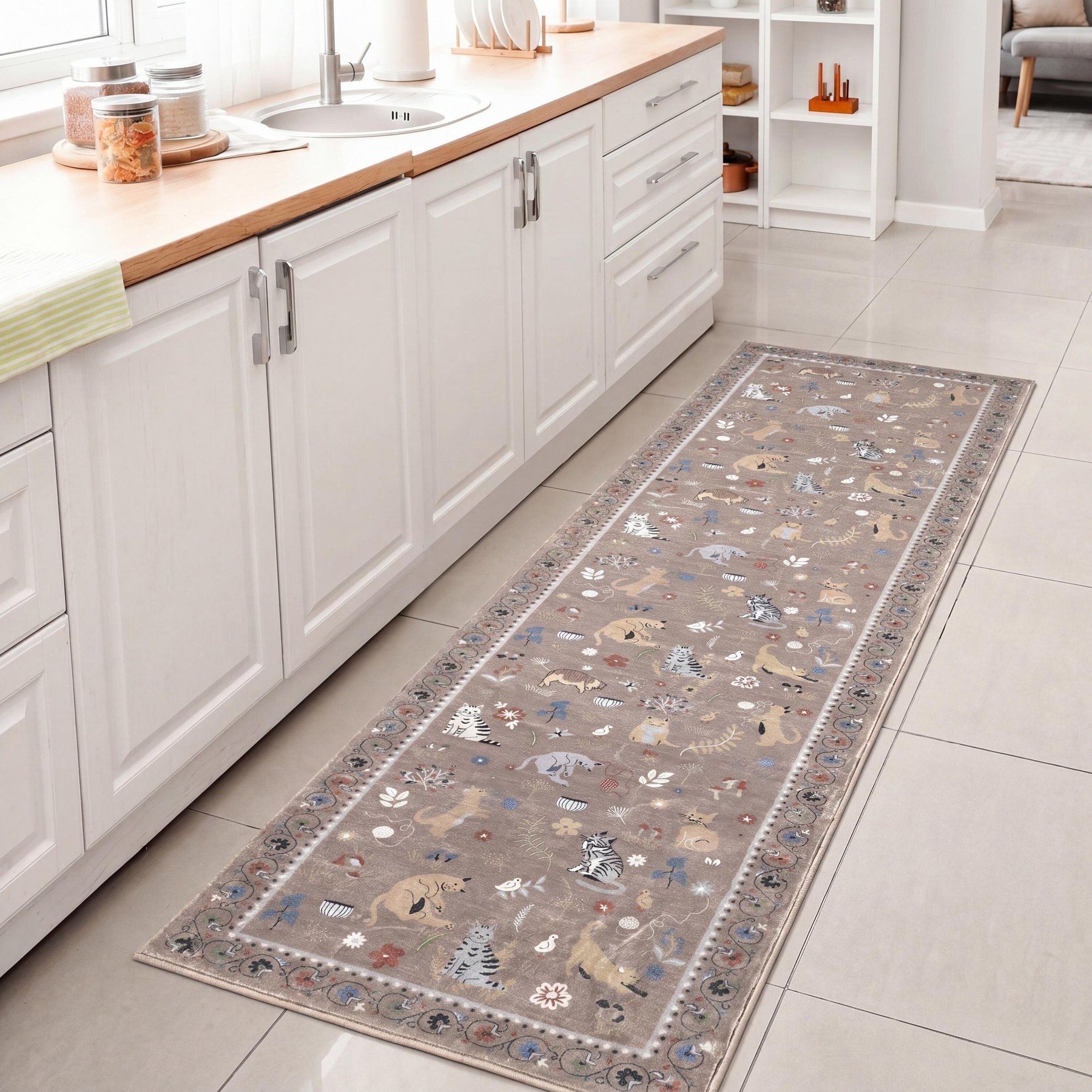 JONATHAN Y Catmosphere Festive Feline Floral Border Non-Slip Machine-Washable Runner Rug, 2 x 8-ft, Taupe