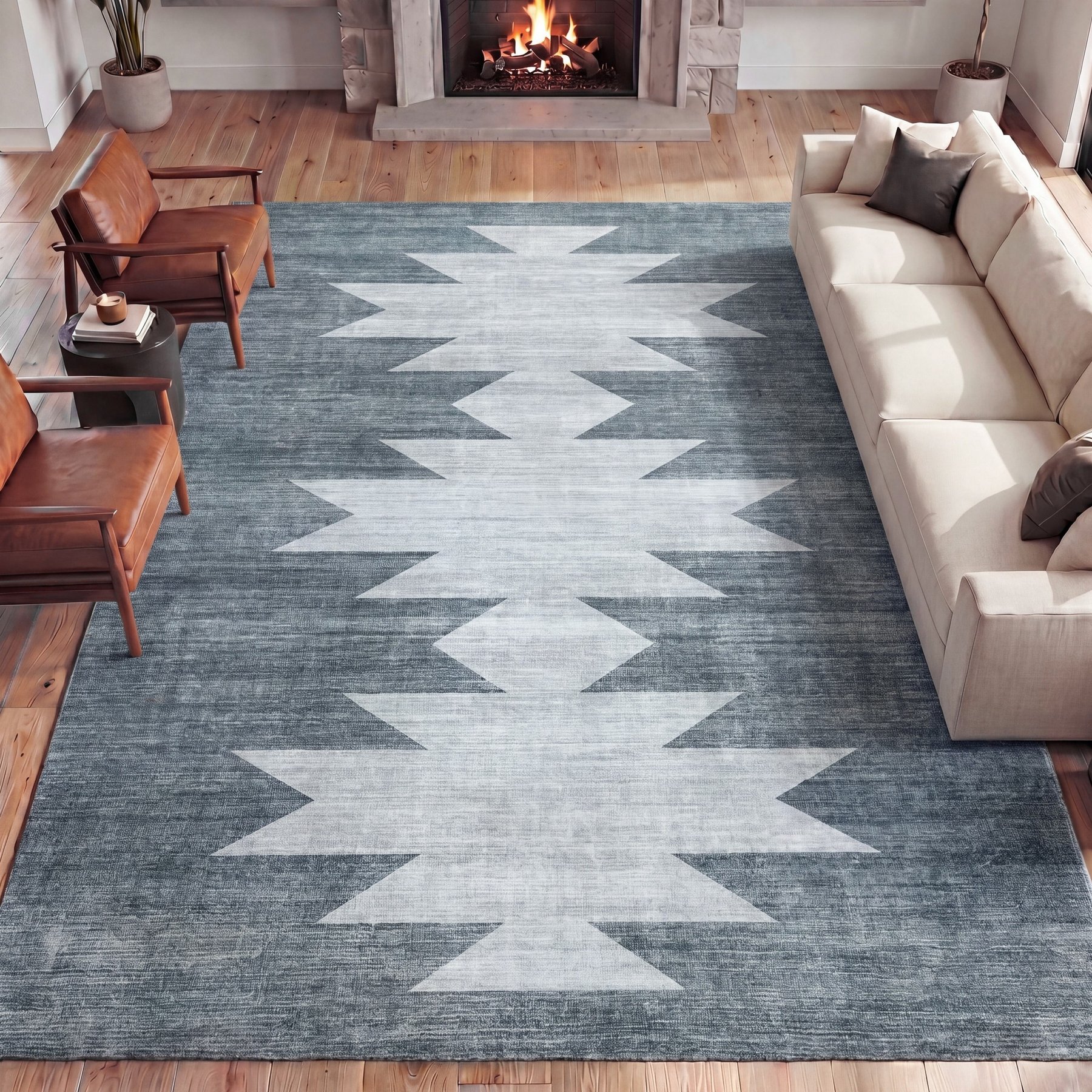 JONATHAN Y Peyton Minimalist Geometric Totem Non-Slip Machine-Washable Area Rug, Blue Gray/Cream, 3 x 5-ft