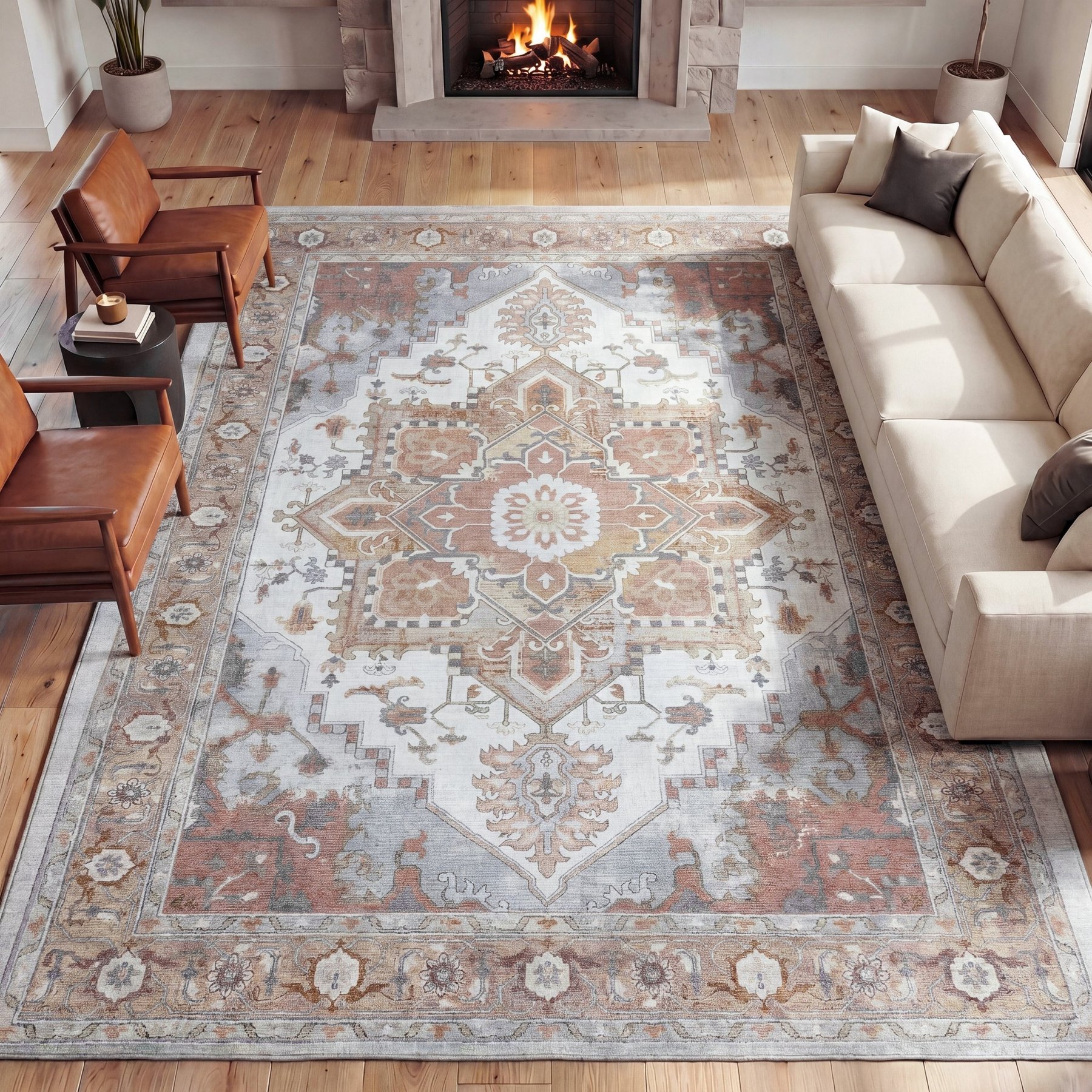 JONATHAN Y Sersi Ornate Medallion Border Non-Slip Machine-Washable Area Rug, Rose Clay/Cream, Large: 8 x 10-ft