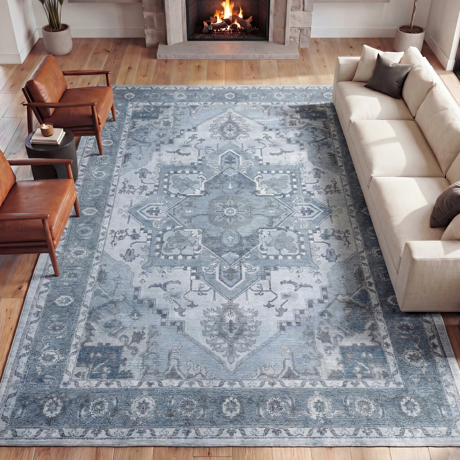JONATHAN Y Sersi Ornate Medallion Border Non-Slip Machine-Washable Area Rug, Blue Gray/Cream, Large: 4 x 6-ft