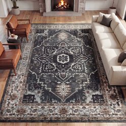 JONATHAN Y Sersi Ornate Medallion Border Non-Slip Machine-Washable Area Rug, Charcoal/Ivory, Large: 4 x 6-ft