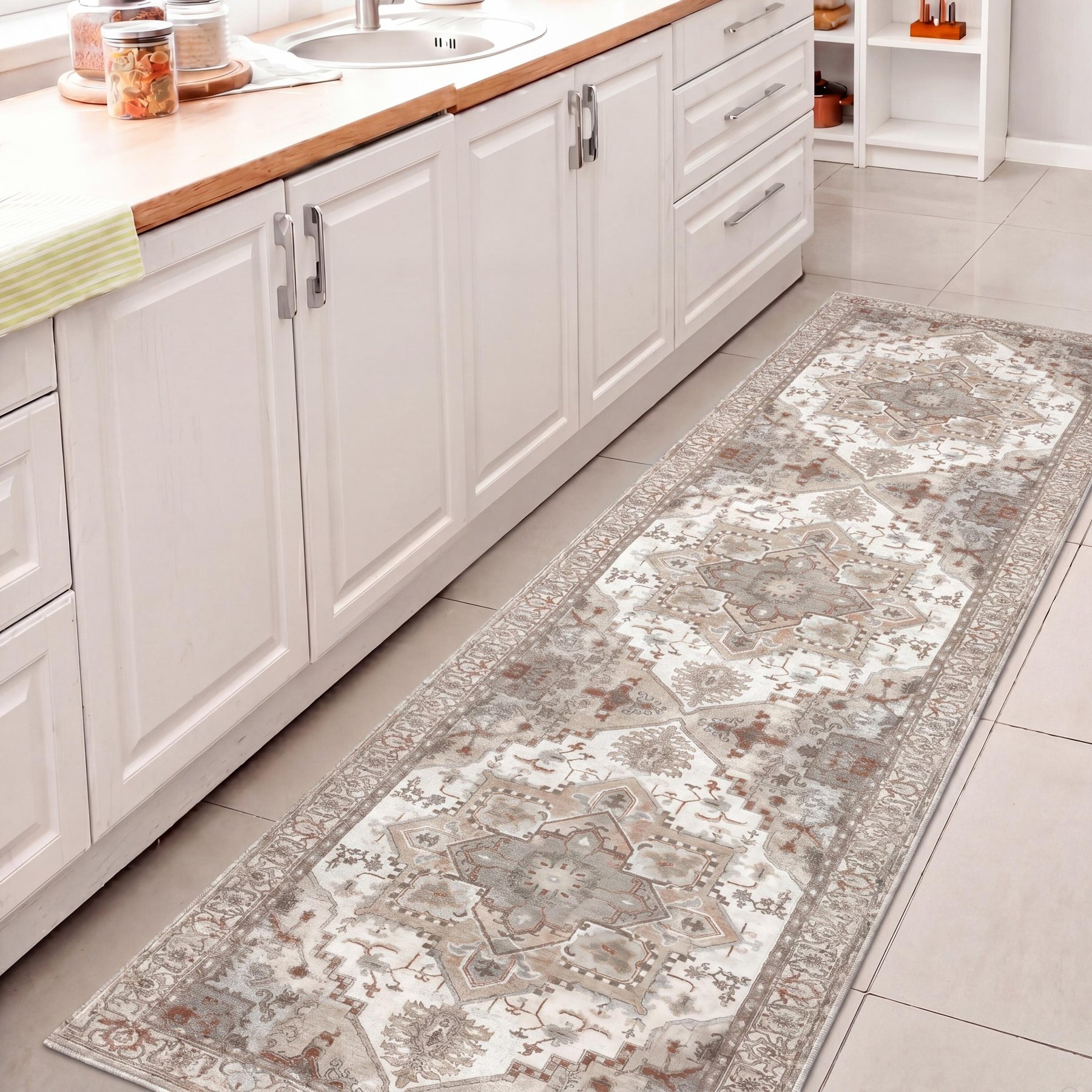 JONATHAN Y Sersi Ornate Medallion Border Non-Slip Machine-Washable Area Rug, Beige/Cream, Large: 2 x 8-ft