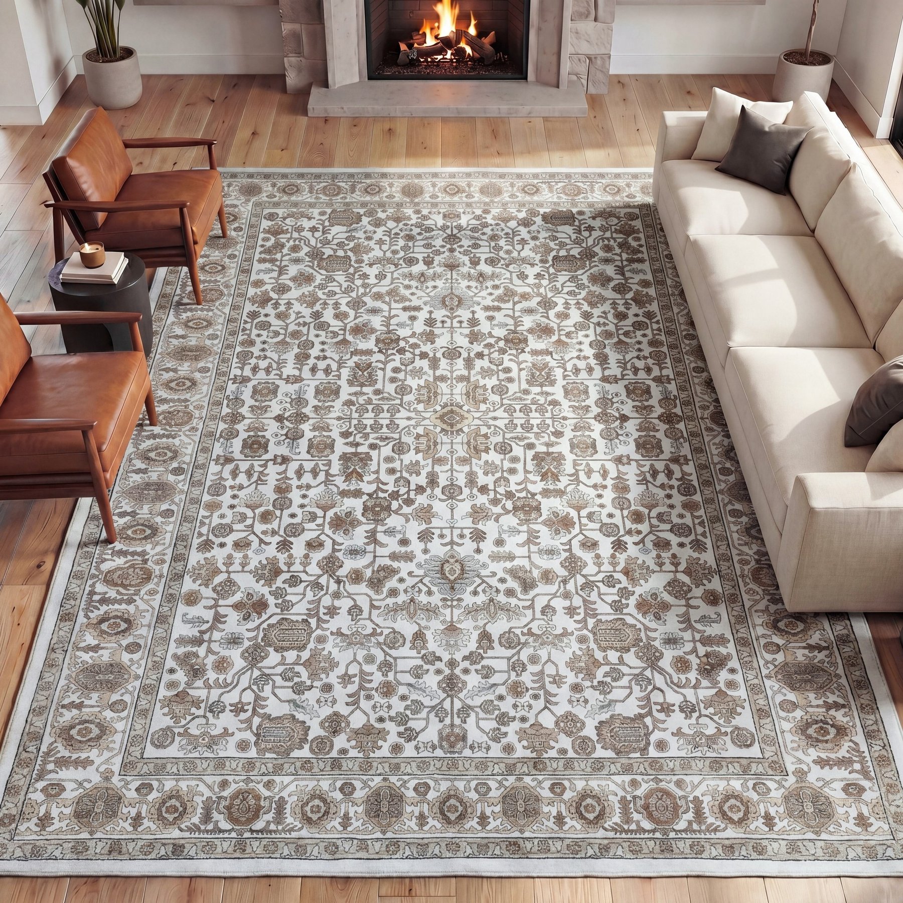 JONATHAN Y Subtlety Medallion All-Over Floral Border Non-Slip Machine-Washable Area Rug, Beige/Ivory, 4 x 6-ft