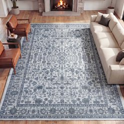 JONATHAN Y Subtlety Medallion All-Over Floral Border Non-Slip Machine-Washable Area Rug, Blue/Ivory, 5 x 8-ft